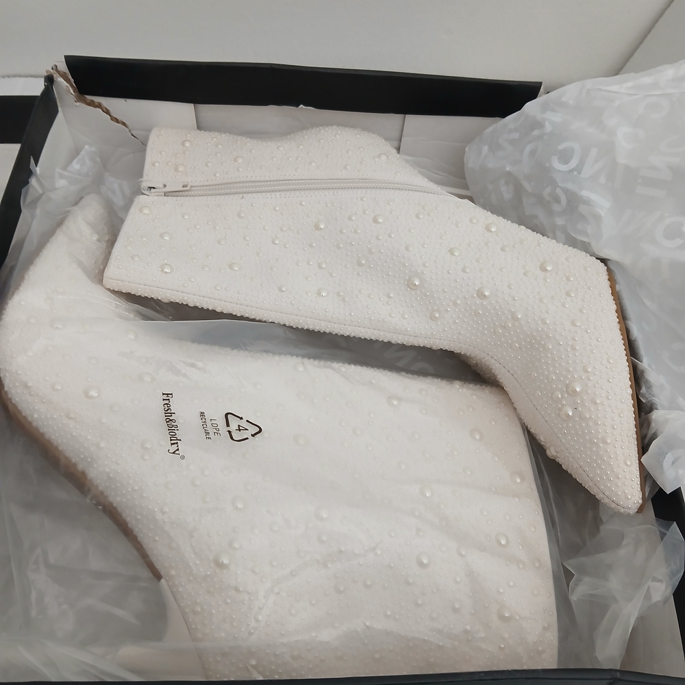 INC International Concepts White Pearl-Embellished Ankle Boots Sz 12 4in Height - Picture 10 of 11